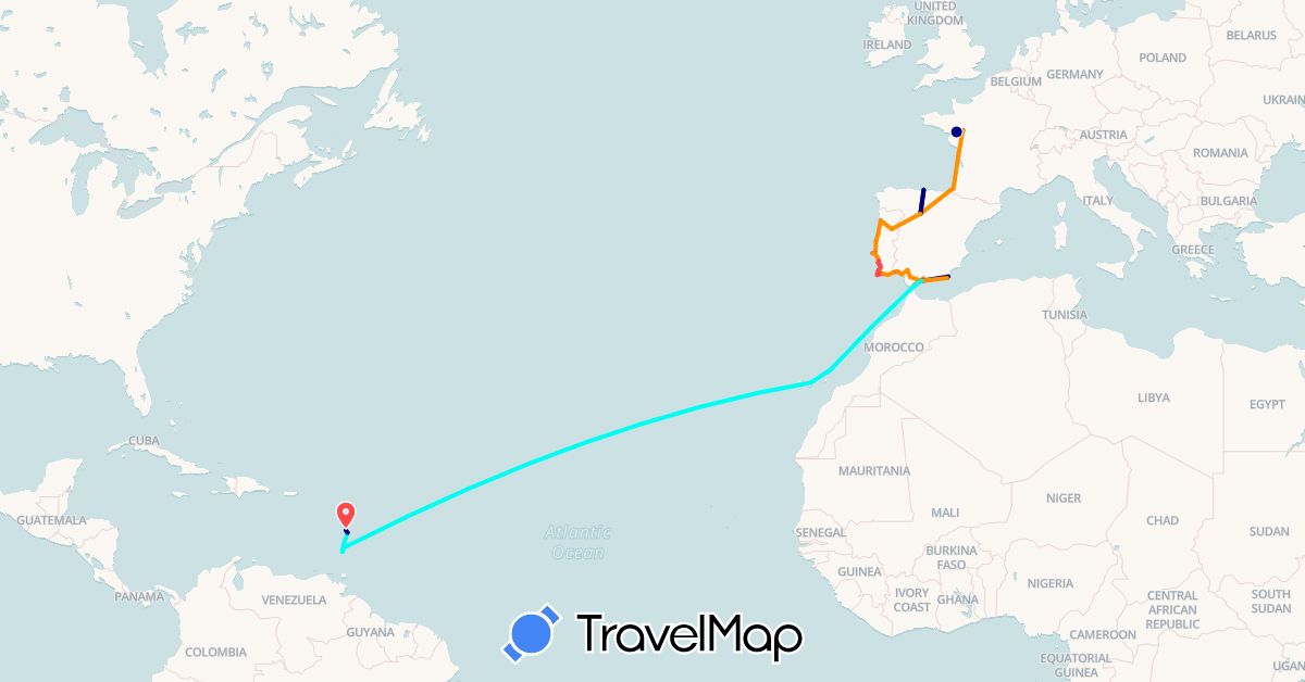 TravelMap itinerary: driving, train, hiking, hitchhiking, voilier in Spain, France, Gibraltar, Martinique, Portugal, Saint Vincent and the Grenadines (Europe, North America)