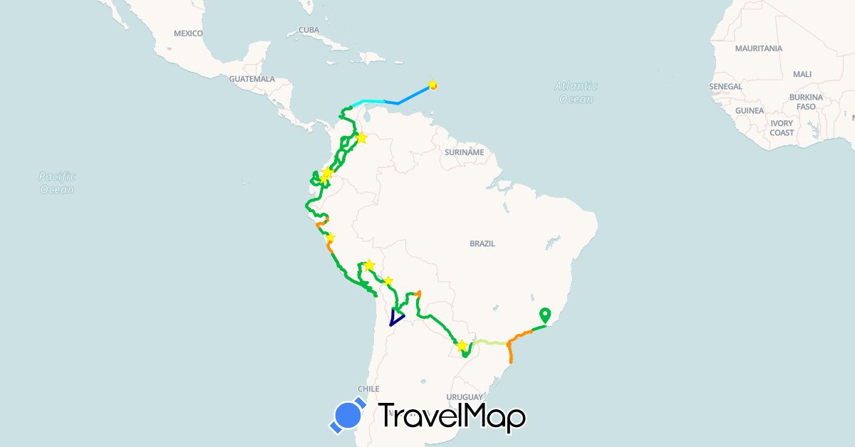 TravelMap itinerary: driving, bus, cycling, hiking, boat, hitchhiking, voilier, trimaran, covoiturage in Bolivia, Brazil, Chile, Colombia, Curaçao, Ecuador, Martinique, Peru, Paraguay, Venezuela (North America, South America)